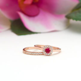 Round Cut Square Halo Ruby Ring Set in Rose Gold