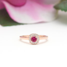 Round Cut Square Halo Ruby Ring in Rose Gold