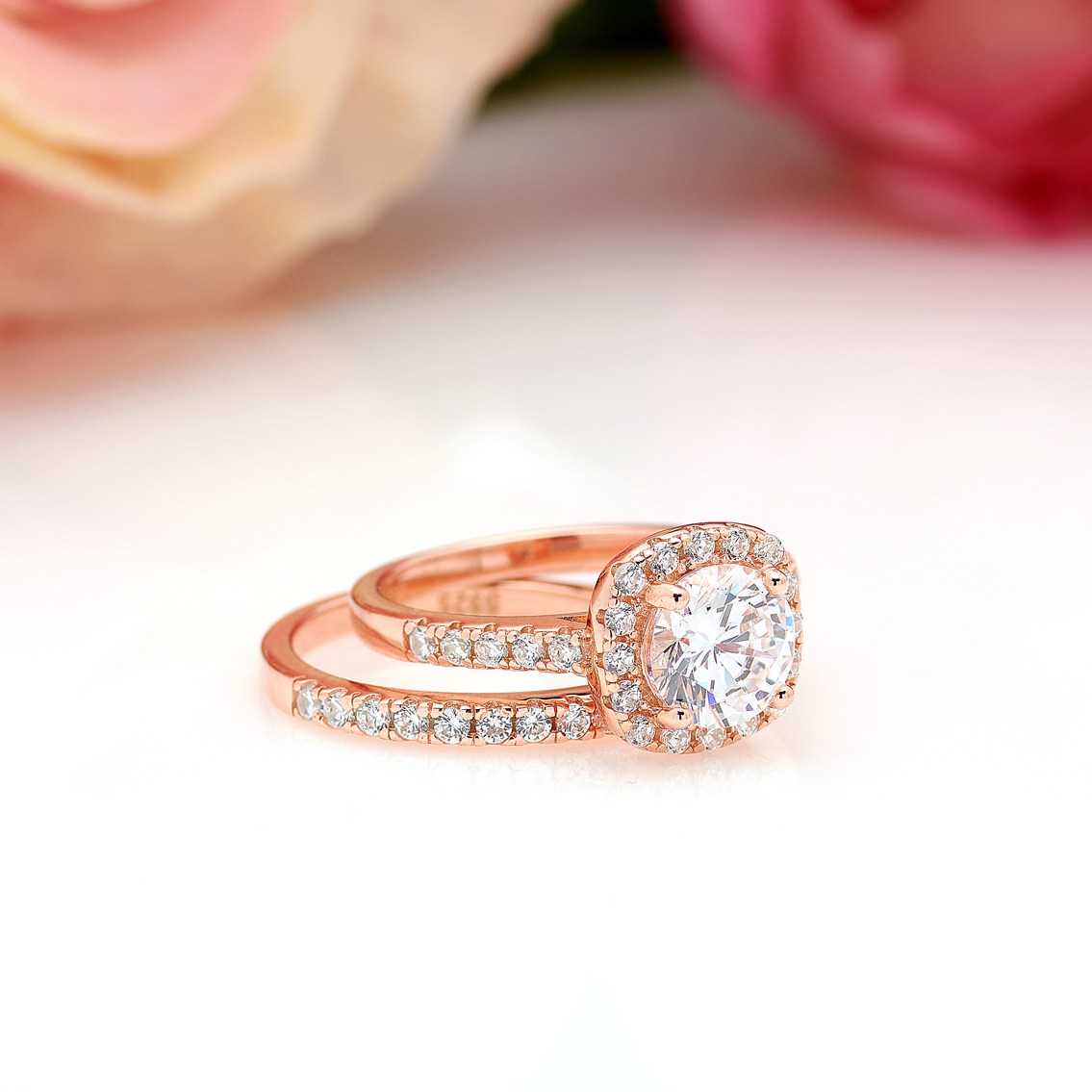 Art Deco Band 1.25 Ct Square Halo Bridal Set Brilliant Cut Engagement Ring Wedding Ring Set. Diamond Simulant Round Engagement Ring