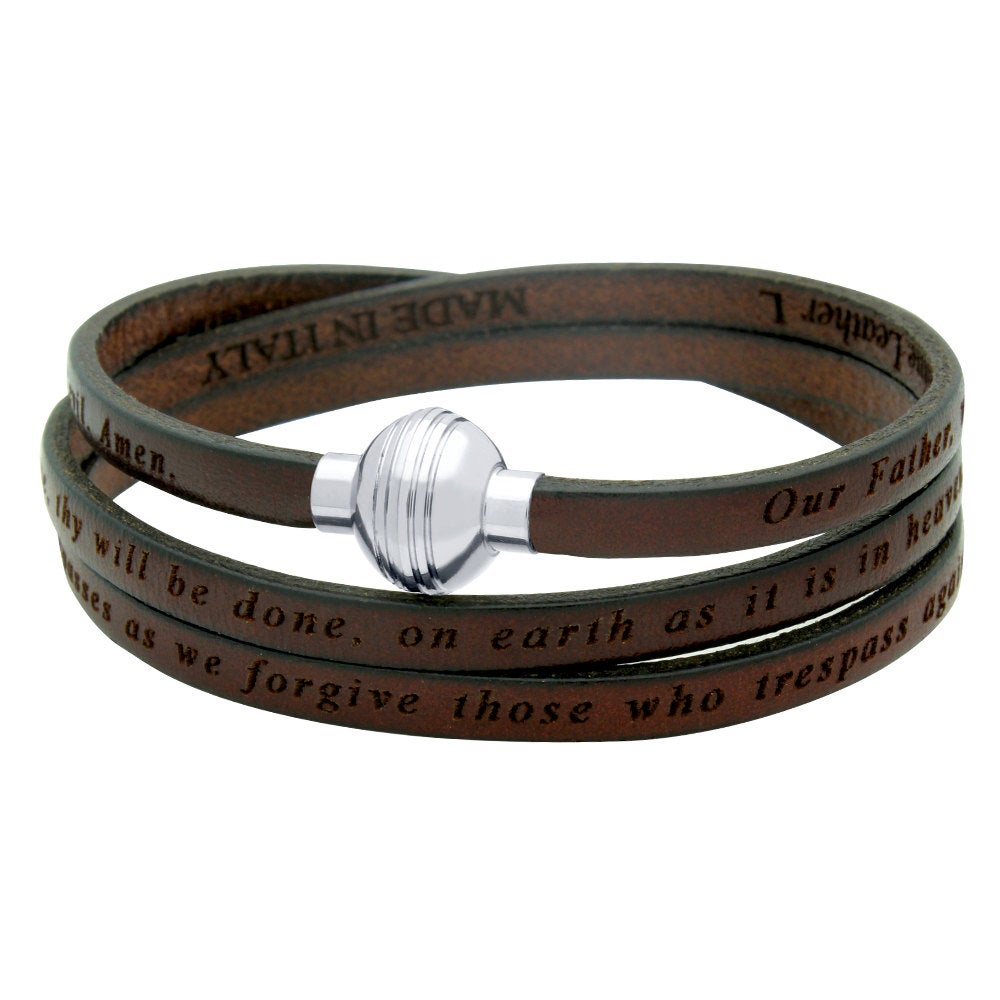 Lord's Prayer Engraved Leather WRAP Bracelet - Brown